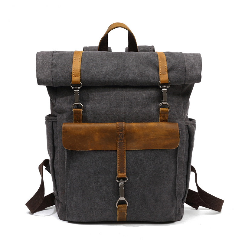 Leather Backpack Vintage - Retro Rolltop Rucksack Canvas Leather 16